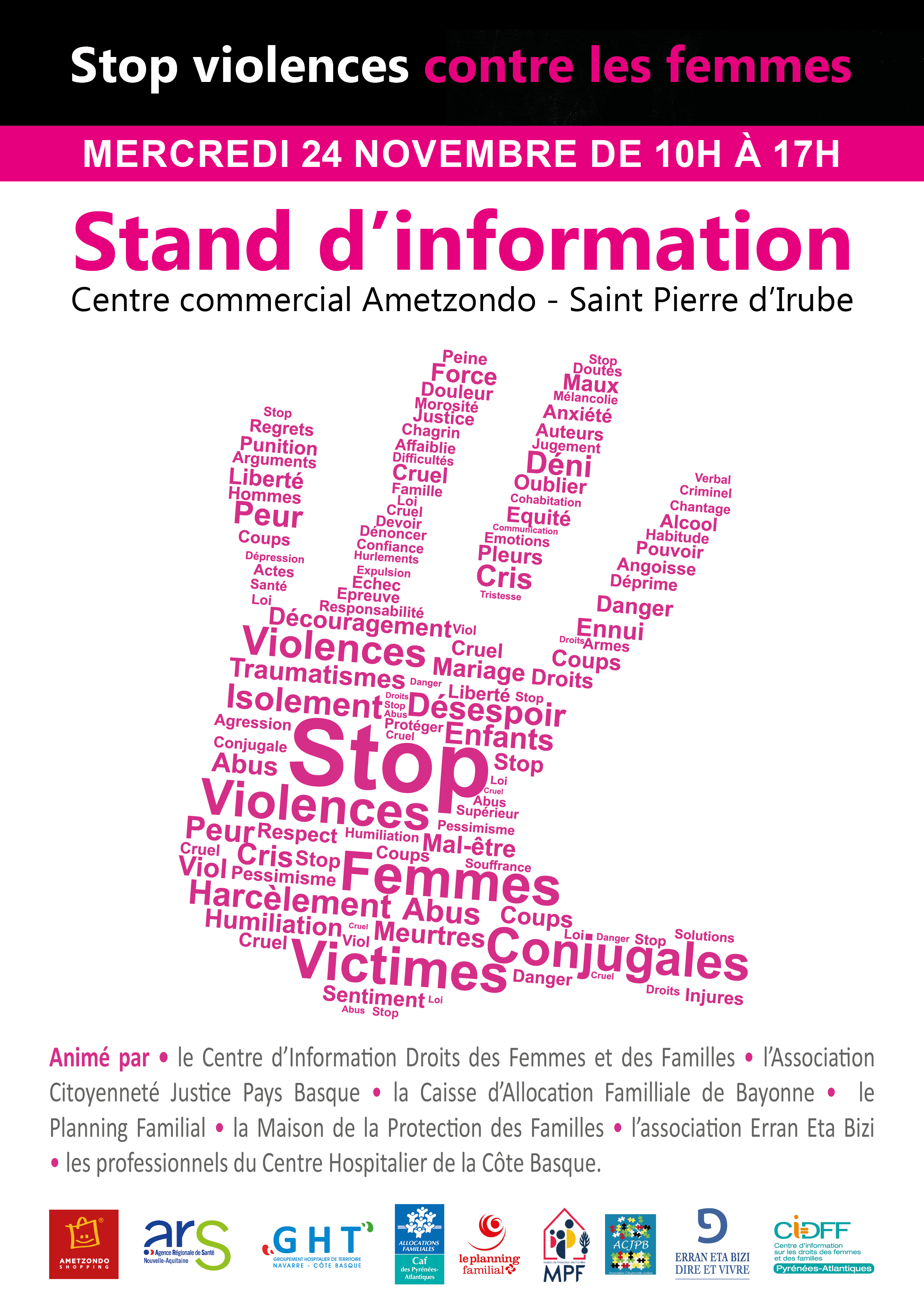 Prévention contre la Violence faite aux femmes : Stand d’information au centre commercial Ametzondo le 24 novembre